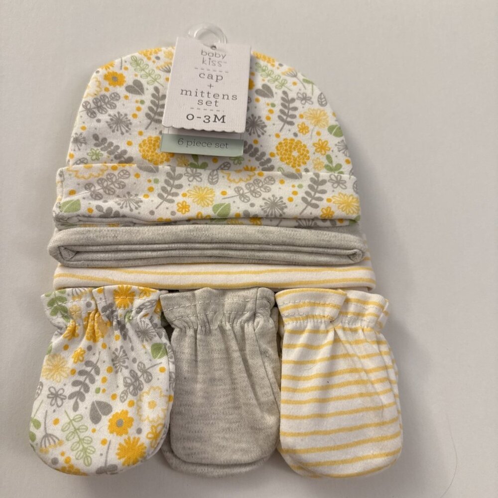 Baby Kiss Cap & Mittens Set Floral Yellow 0-3 Months New OC18